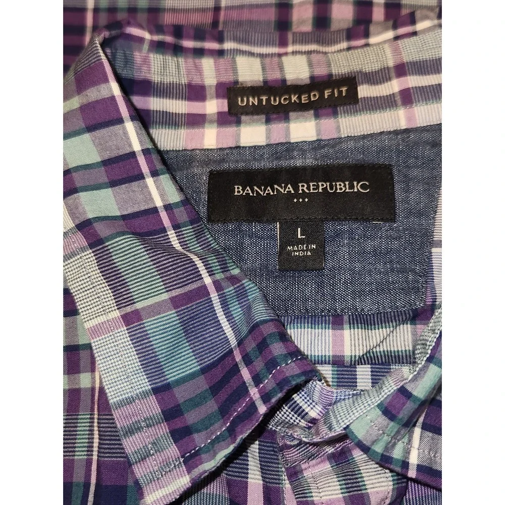 Banana Republic Mens Untucked Fit Plaid Button Down Shirt Purple Teal Large